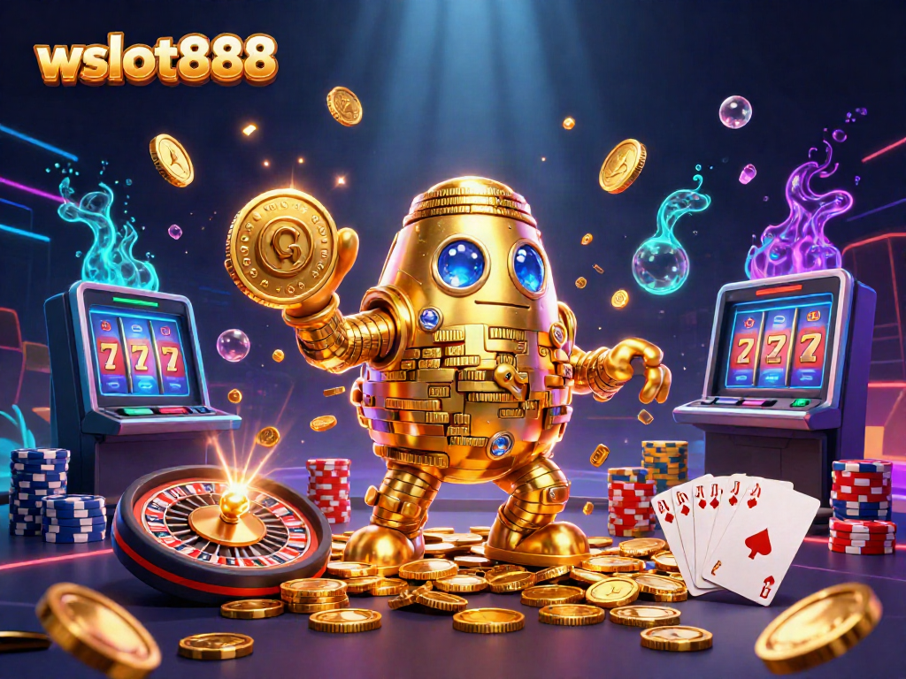 Menangkan jackpot di wslot888 dengan simbol slot dan koin emas berkilau.