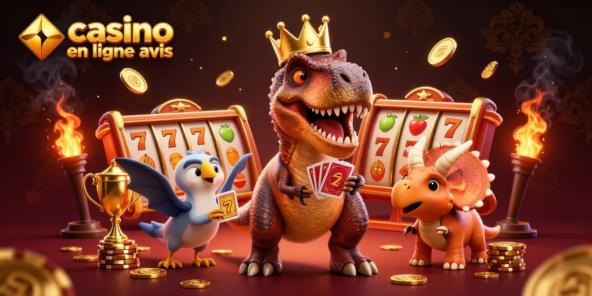 Célébrez les jeux d'argent avec le T-Rex et ses amis dans cette illustration captivante d'avis sur les casinos en ligne.