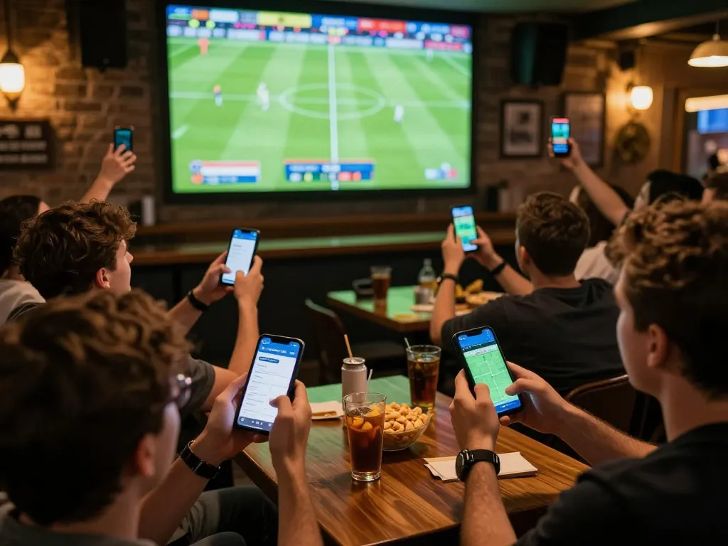 Fans using betting apps for bookmakers stranieri during an exciting live football match.