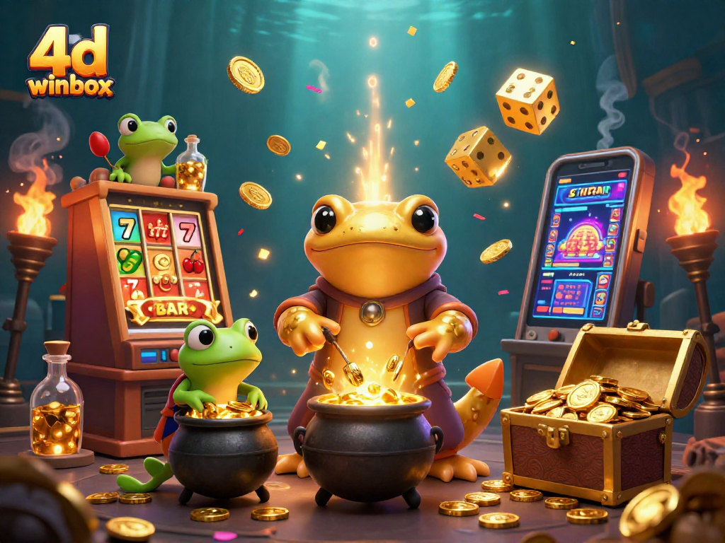 Experience the vibrant 4D Winbox lottery with dynamic illustrations of enchanting alchemists and thrilling casino elements.