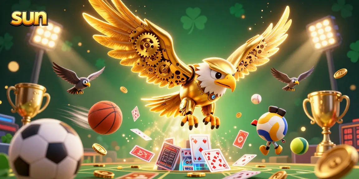 Bet on winning strategies with sun-themed gaming illustration featuring a cybernetic eagle and sports elements.