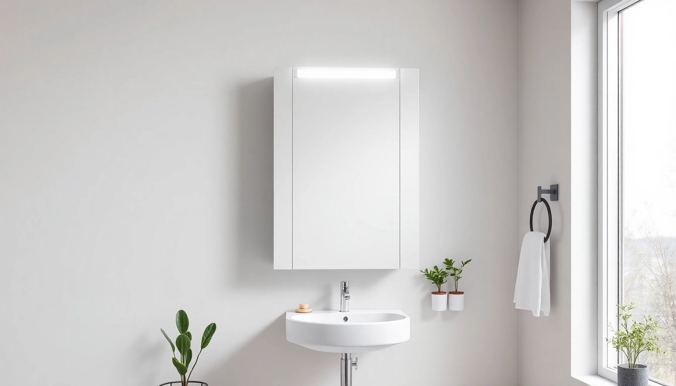 Illuminated mirrored bathroom cabinet with light accentuating its design in a chic bathroom.