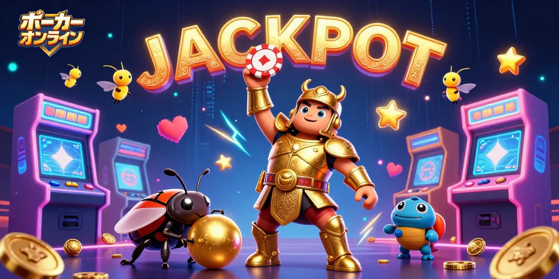 ポーカーオンラインの勝利ポーズを取るカブトムシと友達のダンゴムシが描かれた、カジノゲームの楽しいシーン。