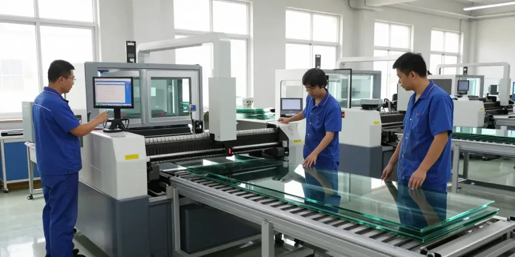 Glass machine manufacturers operating advanced equipment in a clean industrial workshop.