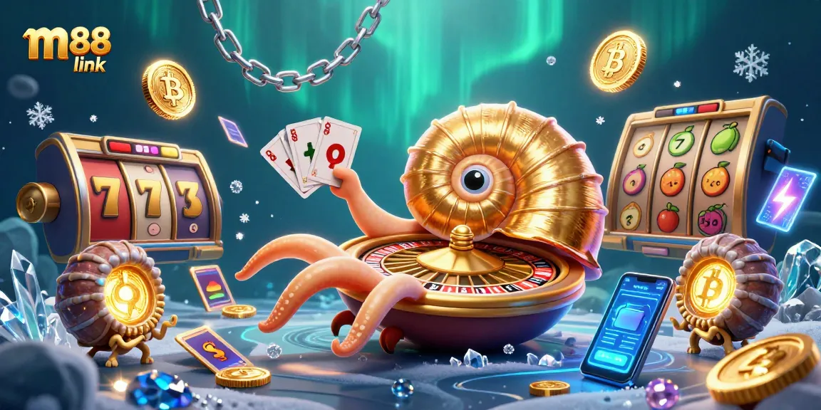 Experience the thrill of m88 link with a dynamic casino scene featuring a giant nautilus and glowing coins.