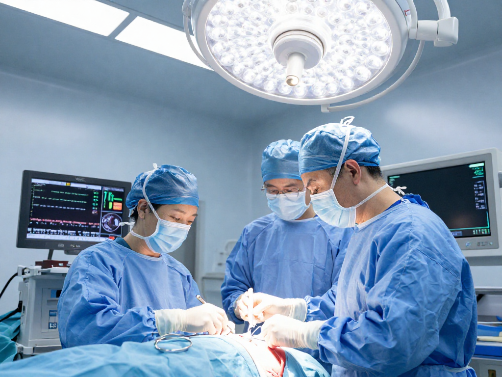 Bel fıtığı ameliyatı procedure in a modern surgical environment with professionals focused on minimally invasive techniques.