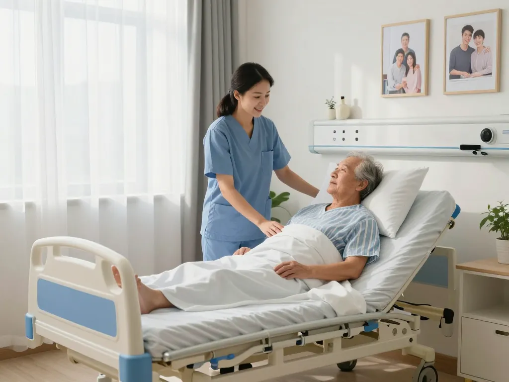 Senior resting on giường bệnh nhân with caregiver adjusting bed in a cozy home setting.