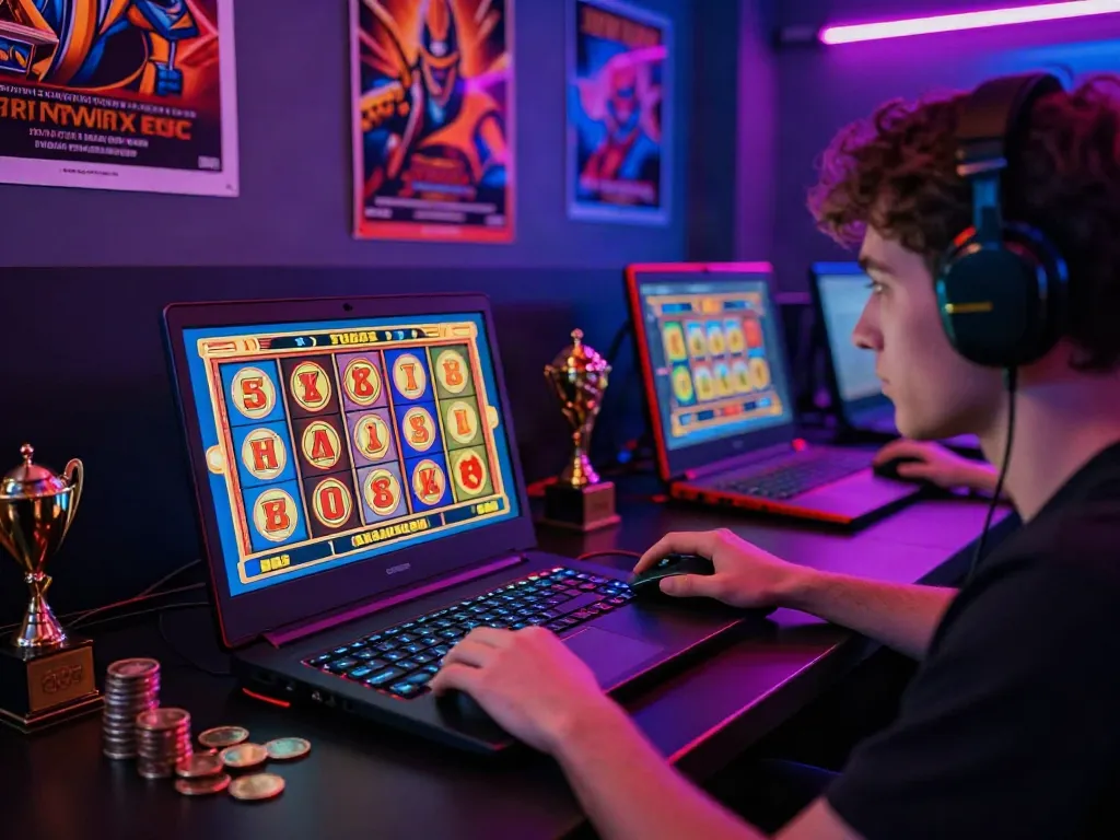 Pengalaman bermain slot777 di ruang gaming yang mengasyikkan dengan layar penuh warna dan elemen kemenangan.