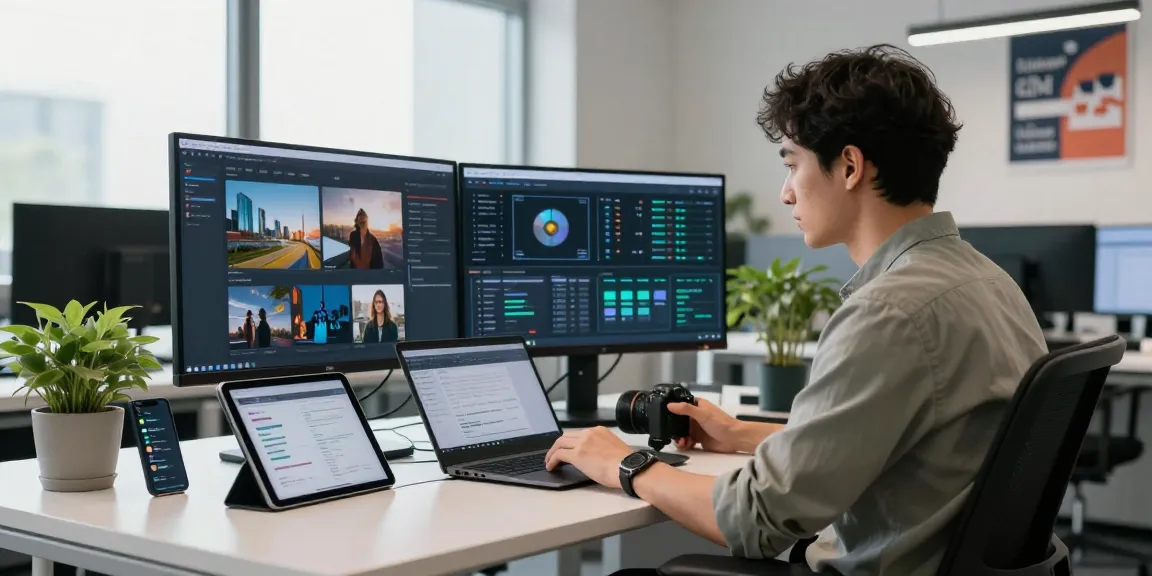 Data analyst utilizing the ai image detector in a modern tech workspace with various devices and a professional atmosphere.
