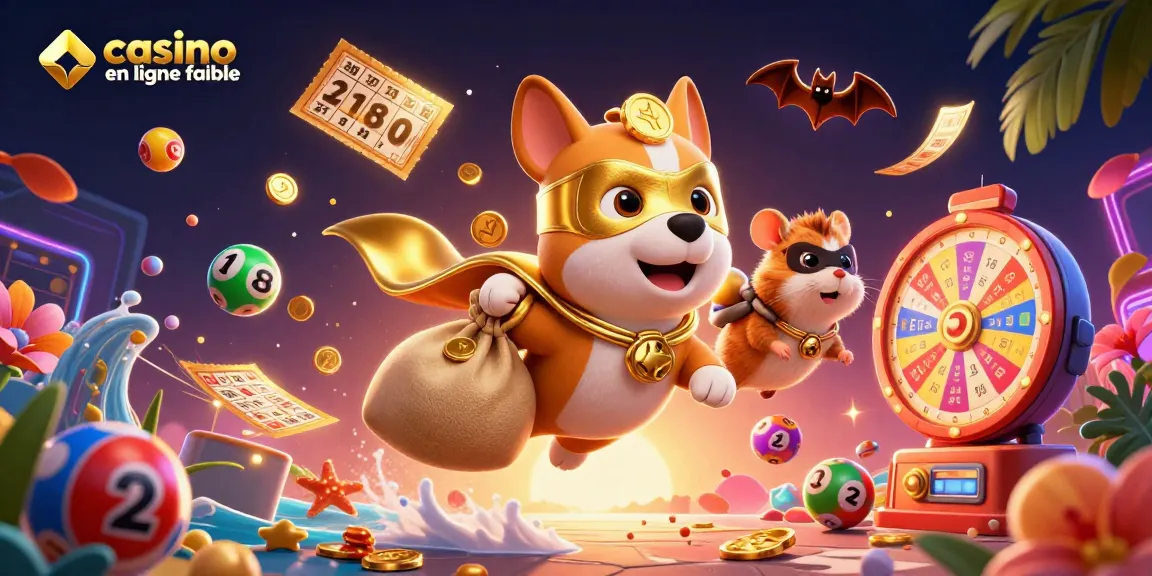 Profitez de l'excitation des jeux avec ce casino en ligne fiable, illustré par un chien super-héros et des éléments de loterie.