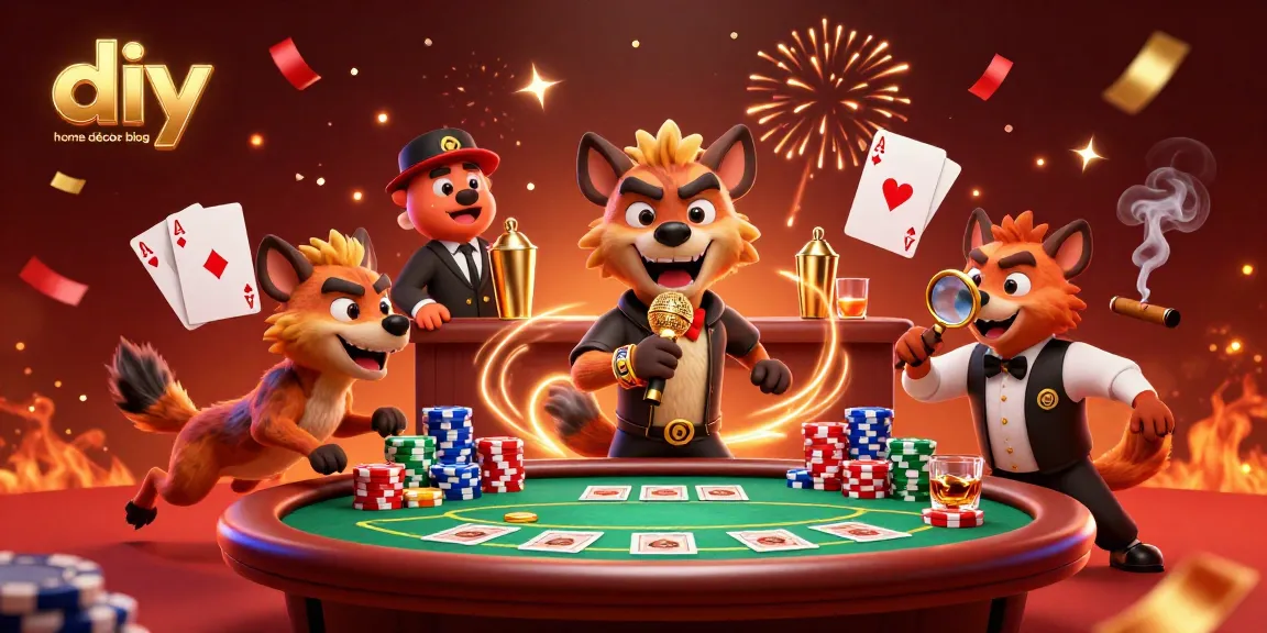 Engaging scene of hyenas in a casino, features from a diy home décor blog with vibrant decorations.