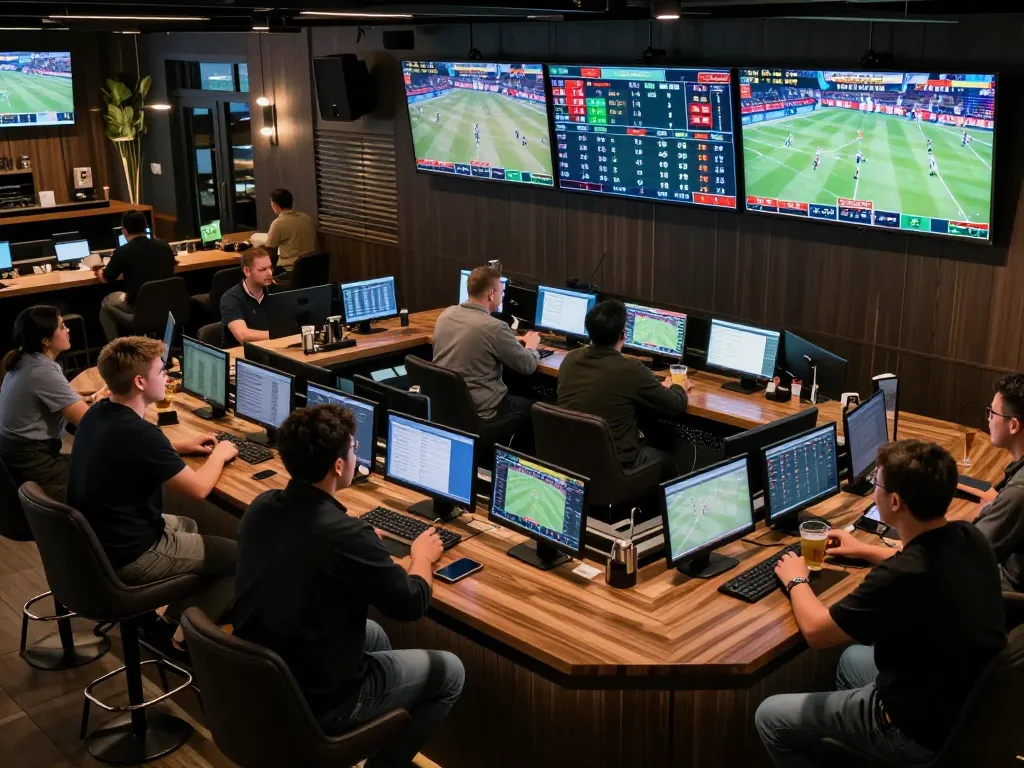 Bettors analyzing live odds at the sports betting bar on https://nddo.org, showcasing dynamic sports wagering atmosphere.