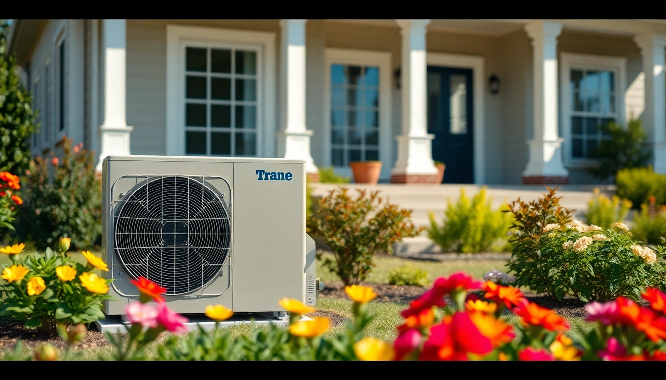 Showcase energy-efficient Trane heat pumps installed in a modern home setting, highlighting innovation.