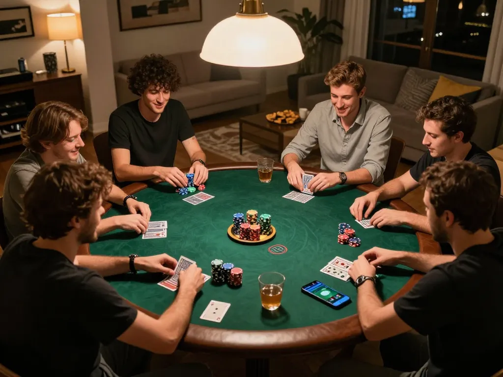 A lively home poker night showcasing friends enjoying the best widget store experience with colorful chips and cards