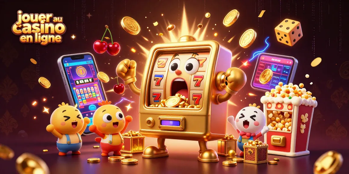 Jouez au casino en ligne avec des machines à sous dorées célébrant un jackpot et des effets de lumières.
