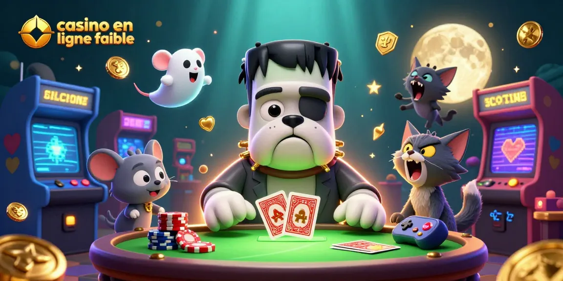 Jouer au casino en ligne fiable avec un bulldog Frankenstein et un chat loup dans une scène animée.