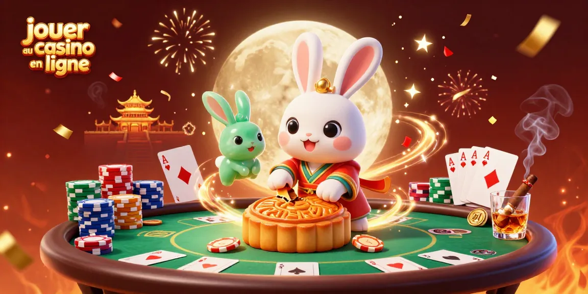 Jouer au casino en ligne avec un lapin de lune et des jetons de poker scintillants.