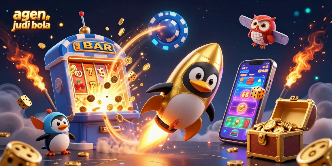Bursting with action, this agen judi bola themed 3D illustration showcases a golden penguin racing through space towards a vibrant casino station.