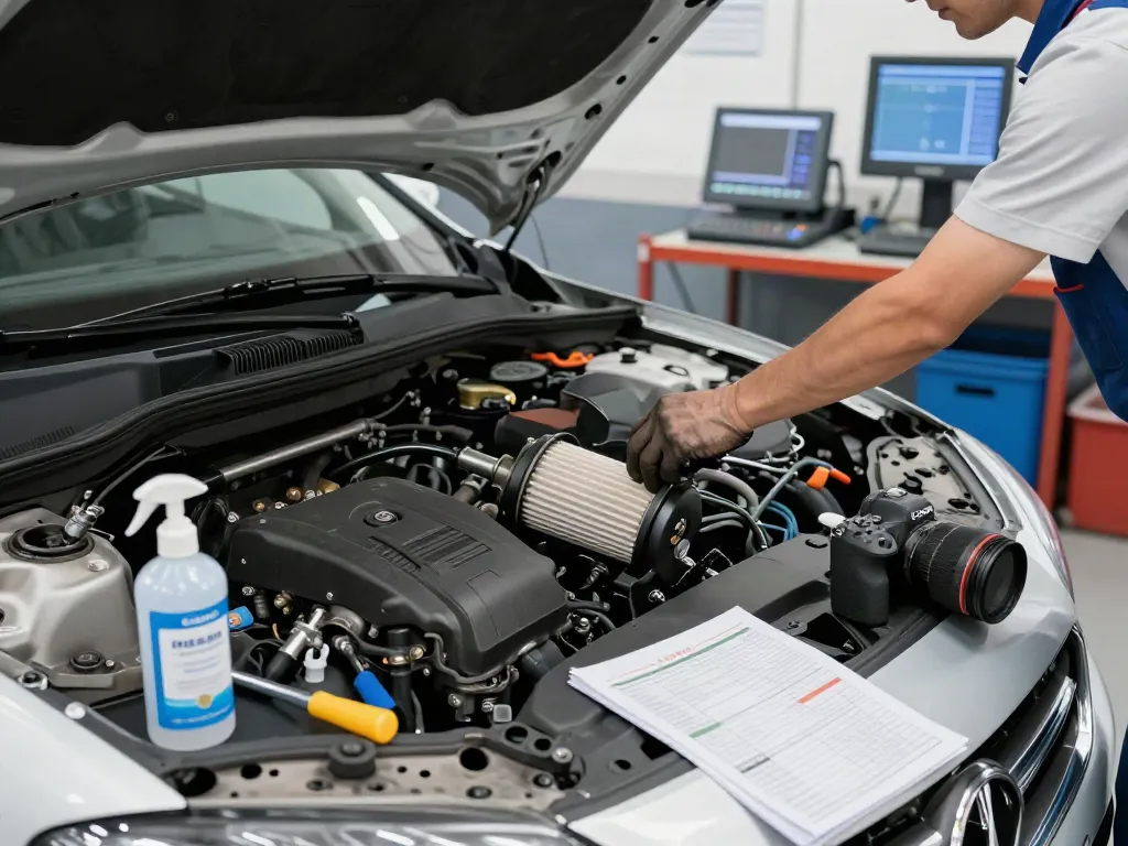 Mechaniker reinigt DPF im Auto mit professionellem Werkzeug und Reinigungsmittel für optimale Leistung.