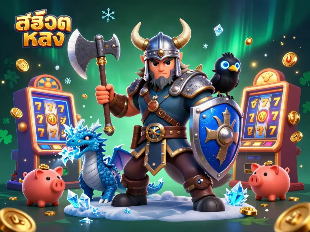 เกมสล็อต เว็บสล็อตตรง พร้อมสัญลักษณ์โชคดีและตัวละครต่อสู้ในคาสิโนที่มีสีสัน