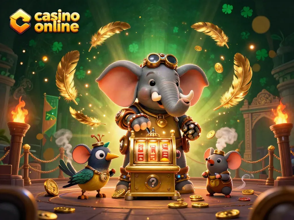 Disfruta de la emoción del casino online con un ingeniero elefante y su máquina tragamonedas animada.