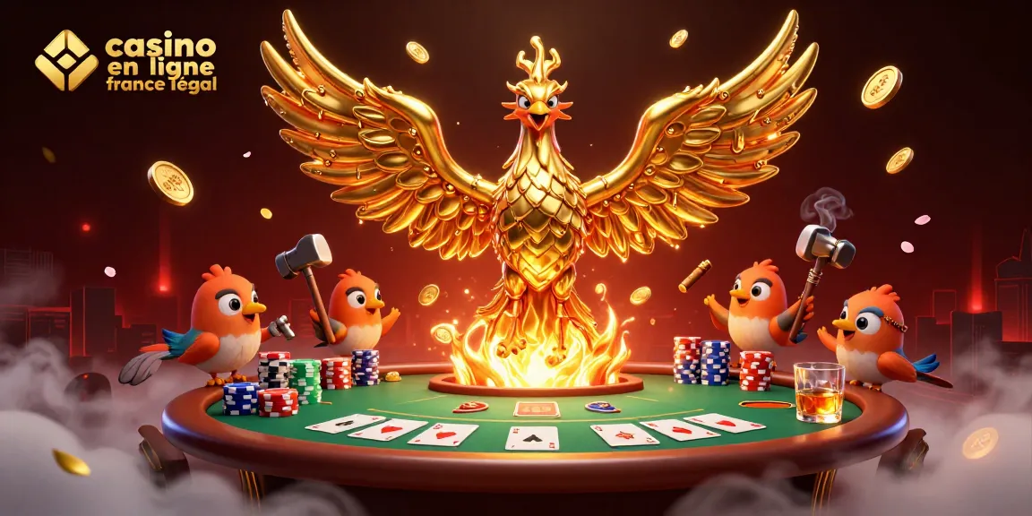 Jouer au casino en ligne légal en France avec un phoenix doré et des jetons de poker.