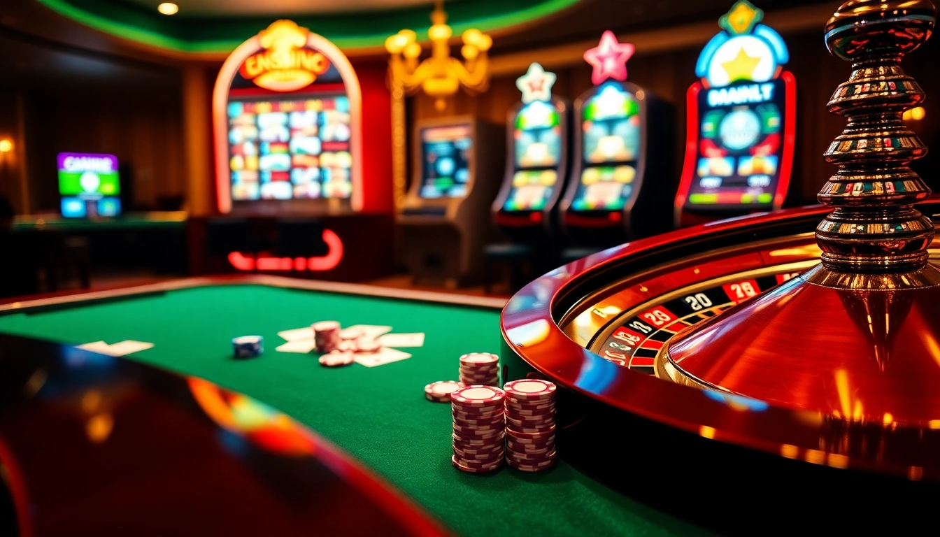 Découvrez l'excitation d'un site de casino en ligne mettant en avant la roulette et des jetons de poker vibrants.