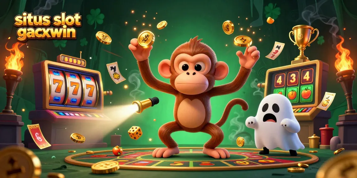 Situs slot gacor maxwin showcases an energetic scene with a mischievous monkey juggling gold in a casino