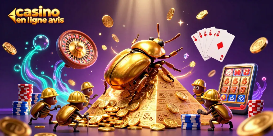 Animations de casino en ligne avis avec des scarabées dorés et des symboles égyptiens.
