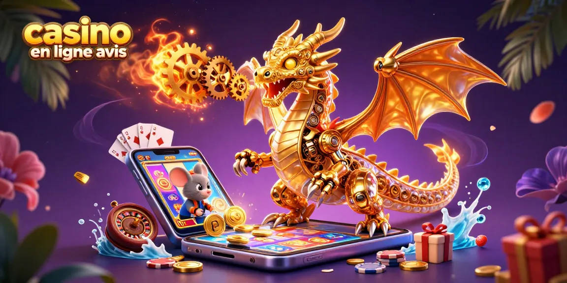 Visualisez un dragon doré mécanique pendant un jeu de casino en ligne avis, avec des pièces d'or et des cartes.