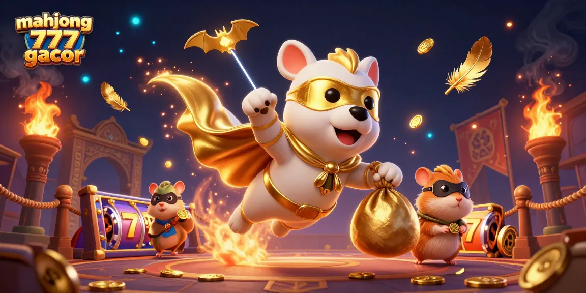 Experience the thrill of mahjong 777 gacor with a heroic dog and hamster in an engaging casino adventure illustration.