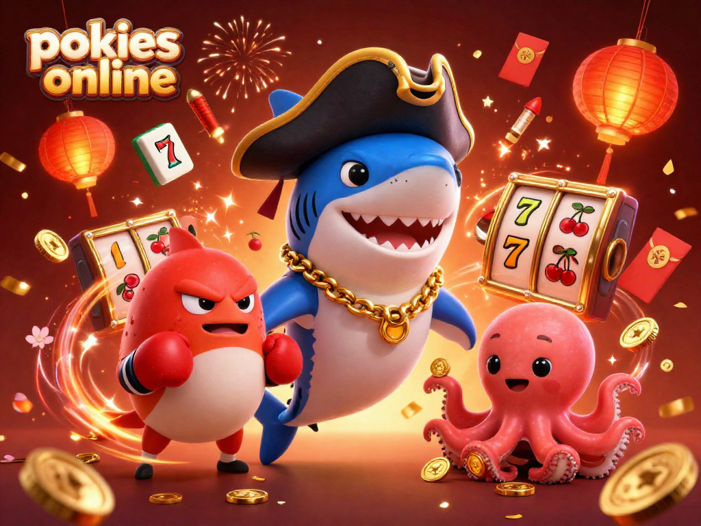 Play pokies online with excitement featuring a pirate shark, angry pufferfish, and octopus holding coins.