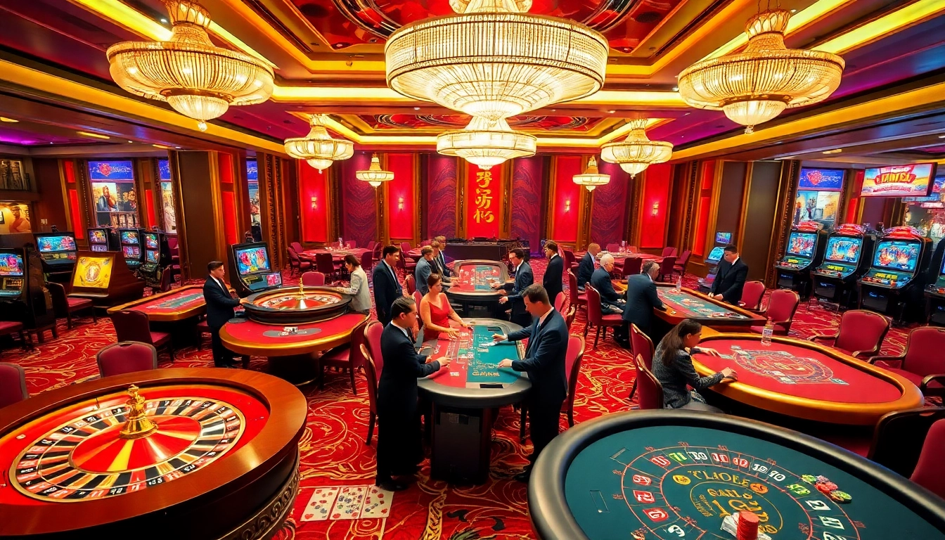 Exciting gambling scene at dom88.us.com with players at casino tables and vibrant slot machines.