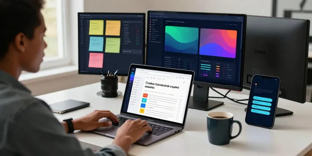 Generate Google Ads copy with AI in a modern marketing workspace with tools, notes, and a digital atmosphere.