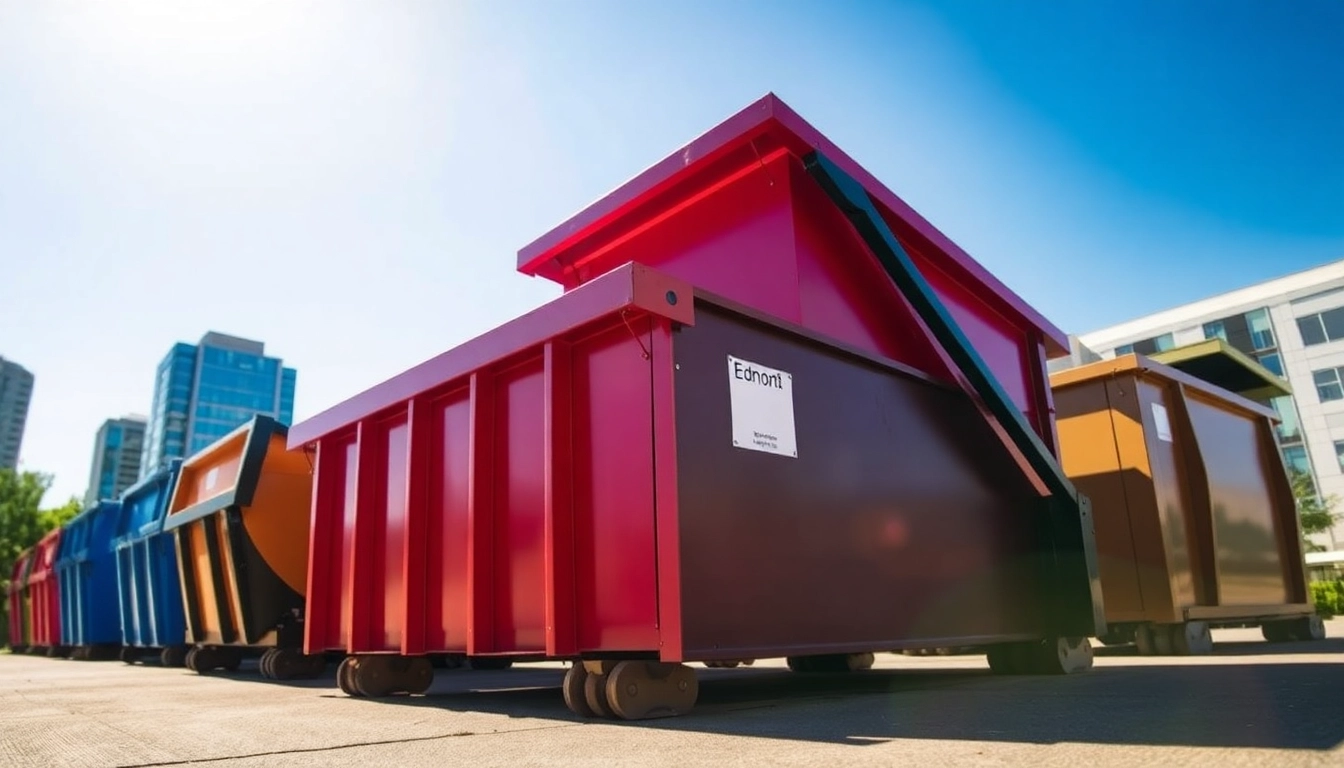 Showcasing reliable dumpster rental service Edmonton AB with various dumpster sizes in an urban setting.