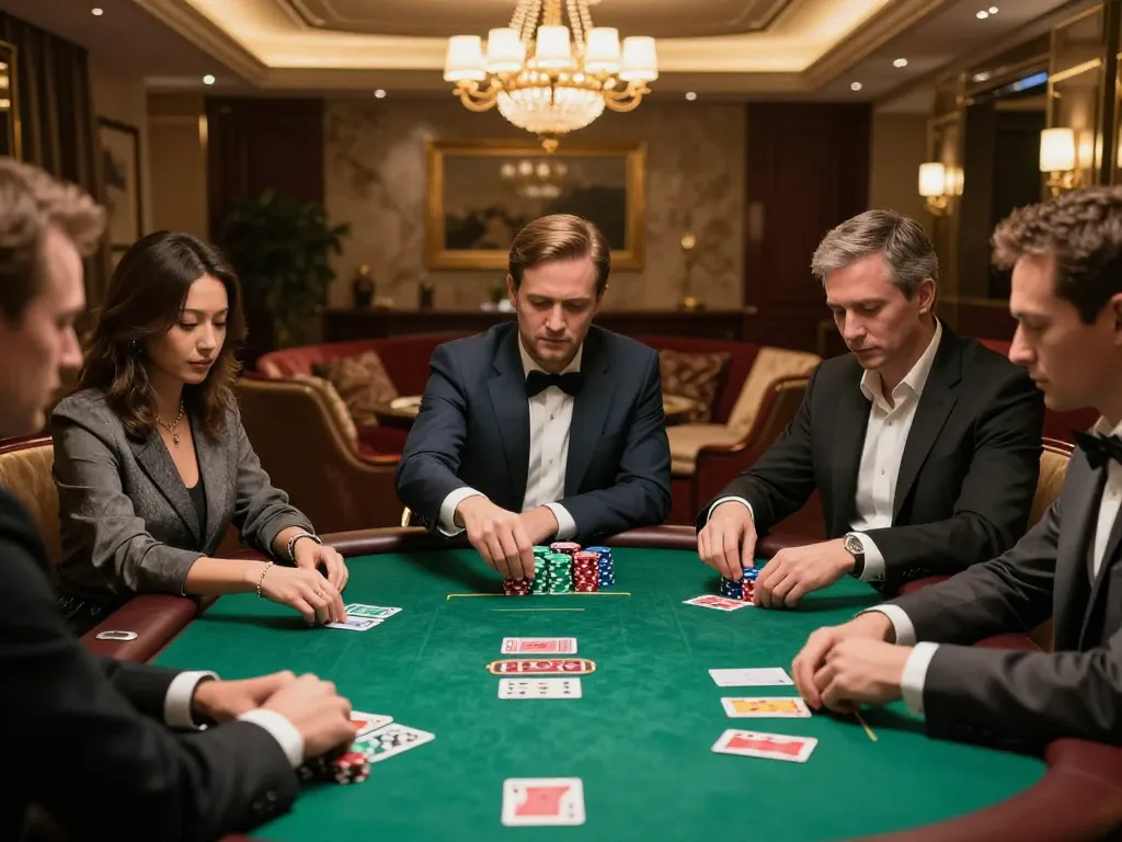 FAFA 828 players strategizing in a luxurious poker game with vibrant chips and cards.
