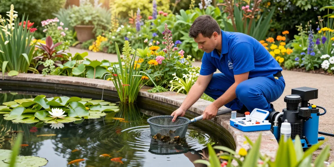 Pond Clean Essex expert carefully maintaining a garden pond, netting debris and showcasing vibrant aquatic life.