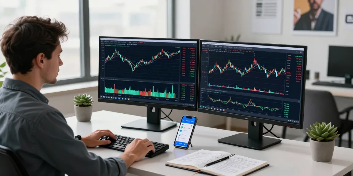 Trader analyzing financial data on MetaTrader 5 within a modern workspace, showcasing dual monitors and trading strategies.