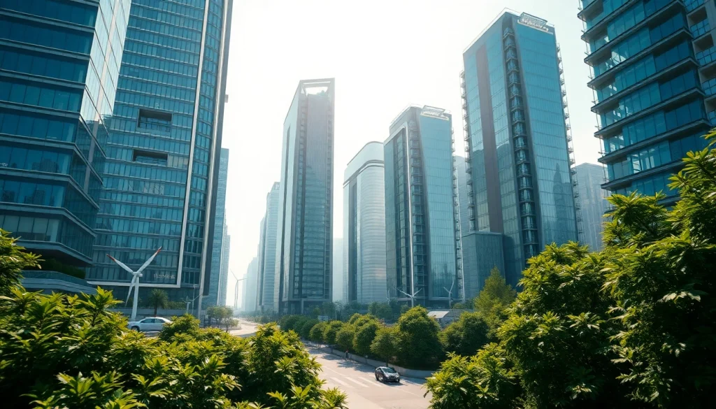 Technology advances in a futuristic city with eco-friendly skyscrapers and innovations.