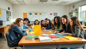 Students collaborating in a dynamic Education setting with vibrant materials.