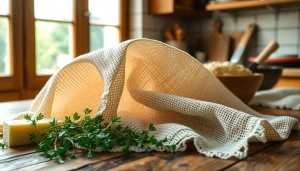 Kaasdoek effectief gebruikt bij het bereiden van verse kaas en kruiden in de keuken.