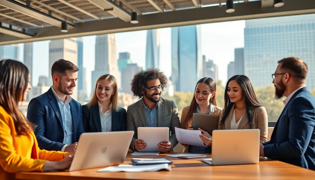 Find new york jobs with diverse professionals collaborating in an urban setting.