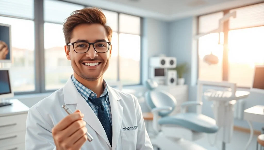 Dentist smiling in a modern dental office, showcasing professionalism and care.