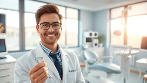 Dentist smiling in a modern dental office, showcasing professionalism and care.