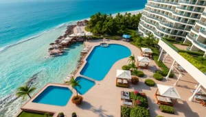 Relaxing scene of Luxury hotels Los Cabos with stunning infinity pools and scenic ocean backdrop.