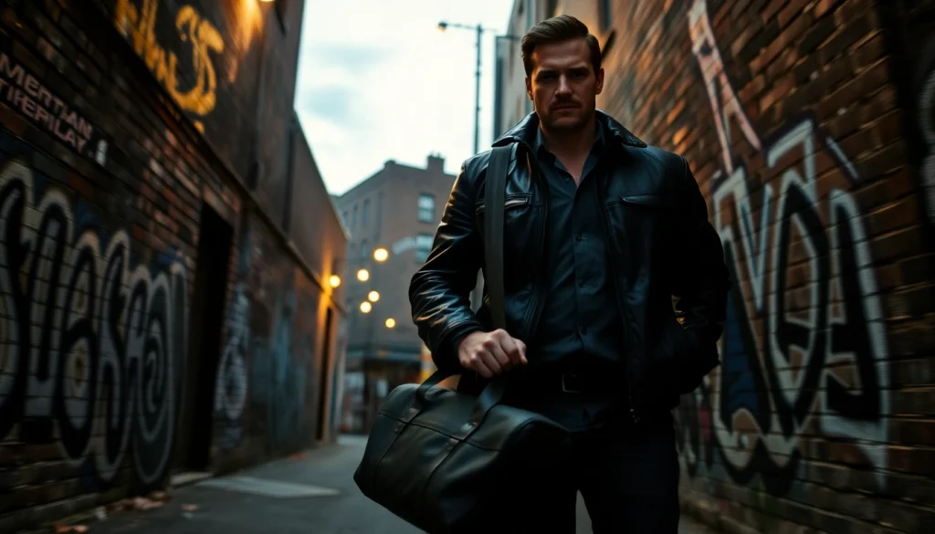 Hero with rugged appeal stands confidently in an urban setting Like Jack Reacher, evoking action and intrigue.