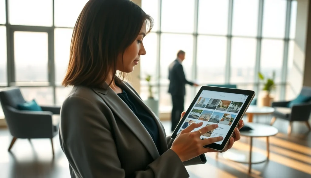 Real Estate agent analyzing listings in a modern office with city view.