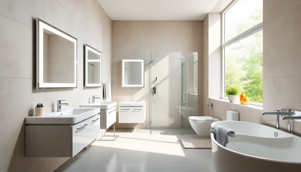 Admirez l’éclairage LED moderne des produits sirhona fr dans cette salle de bain élégante.