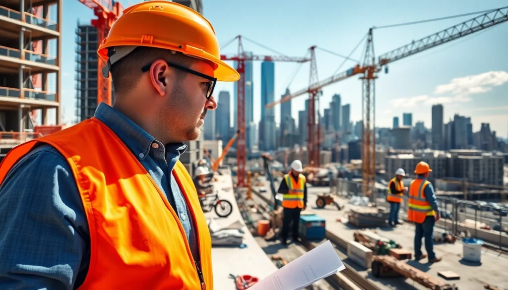 Manhattan Construction Manager guiding a team on an urban construction site with cranes and blueprints.