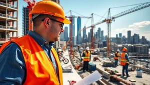 Manhattan Construction Manager guiding a team on an urban construction site with cranes and blueprints.